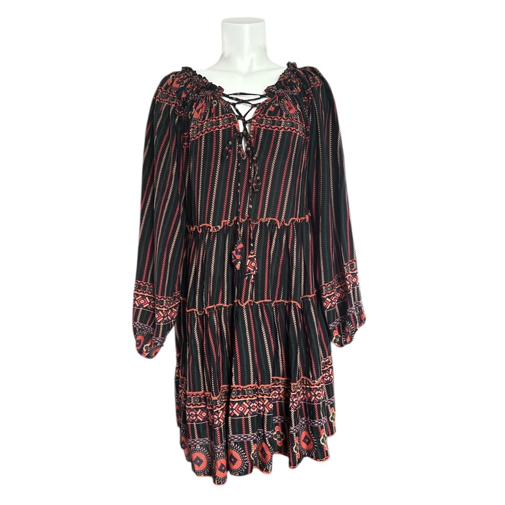 Velzera Boho Lace Up Dress Baby Doll Mini Geometric Dress Sz S - Picture 2 of 8